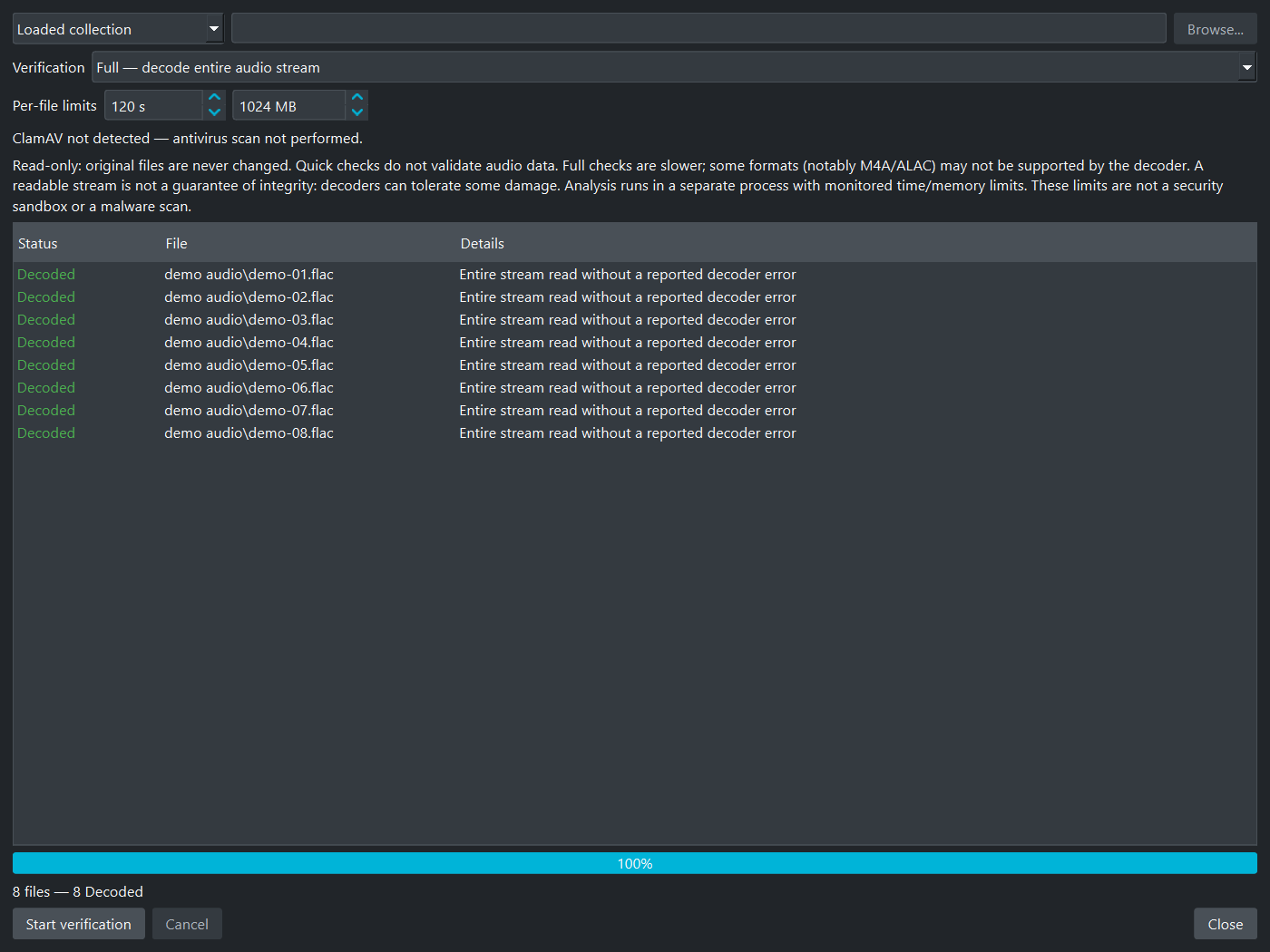 Audio check of eight demo files, nothing is modified
