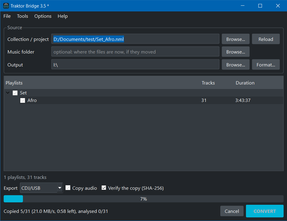 A CDJ USB export in progress, with speed and time left