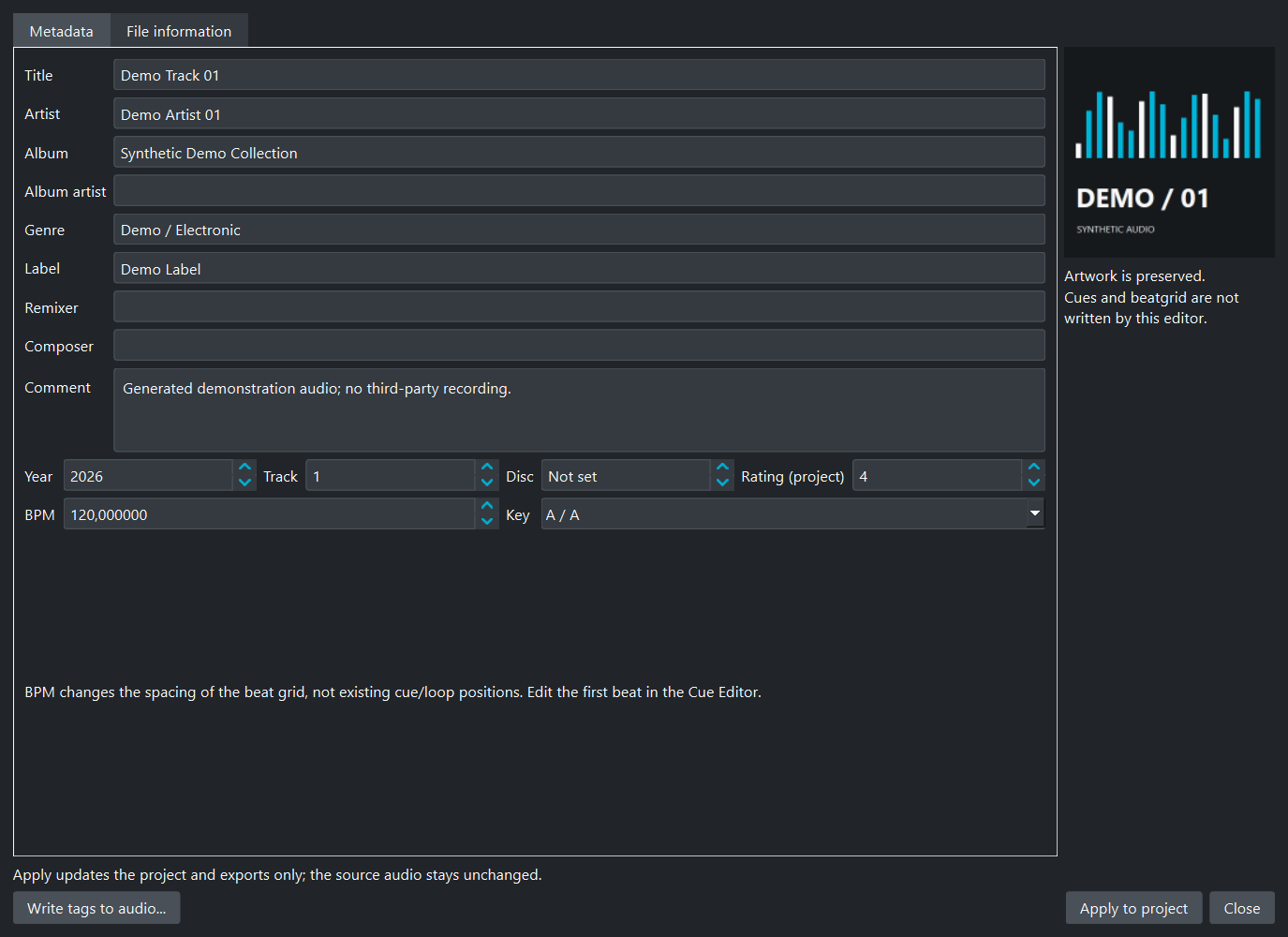 ID Tag editor with demo metadata