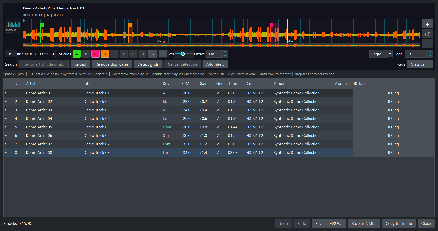 Playlist details with the preview player, waveform and cue pads