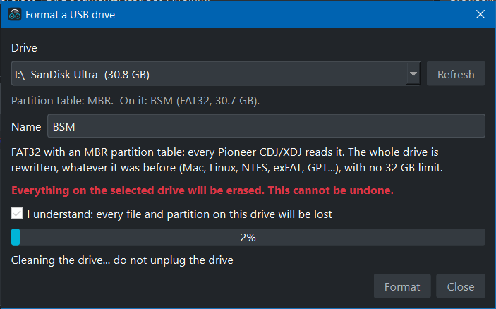 Formatting a USB drive: everything on the selected drive is erased